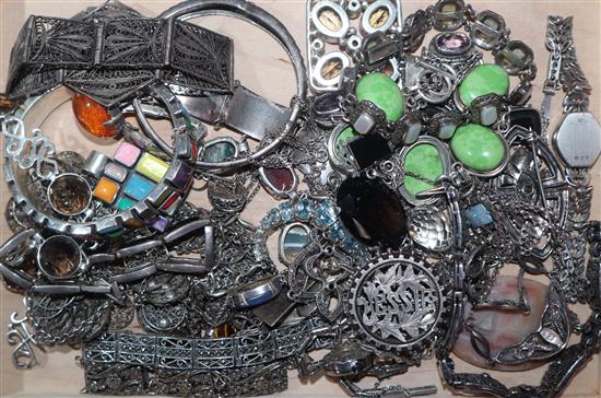 A group of assorted white metal jewellery including marcasite watch etc.